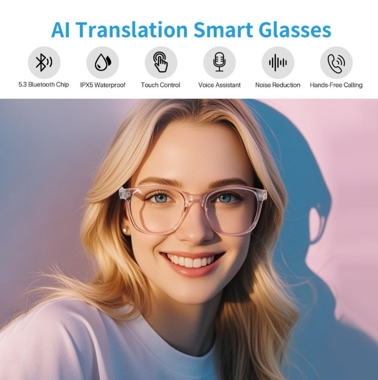 AI Translation Smart Glasses – Real-Time 160+ Languages, Bluetooth 5.3