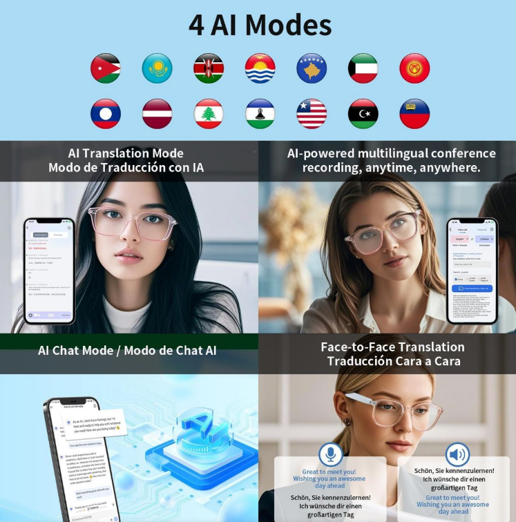 AI Translation Smart Glasses – Real-Time 160+ Languages, Bluetooth 5.3