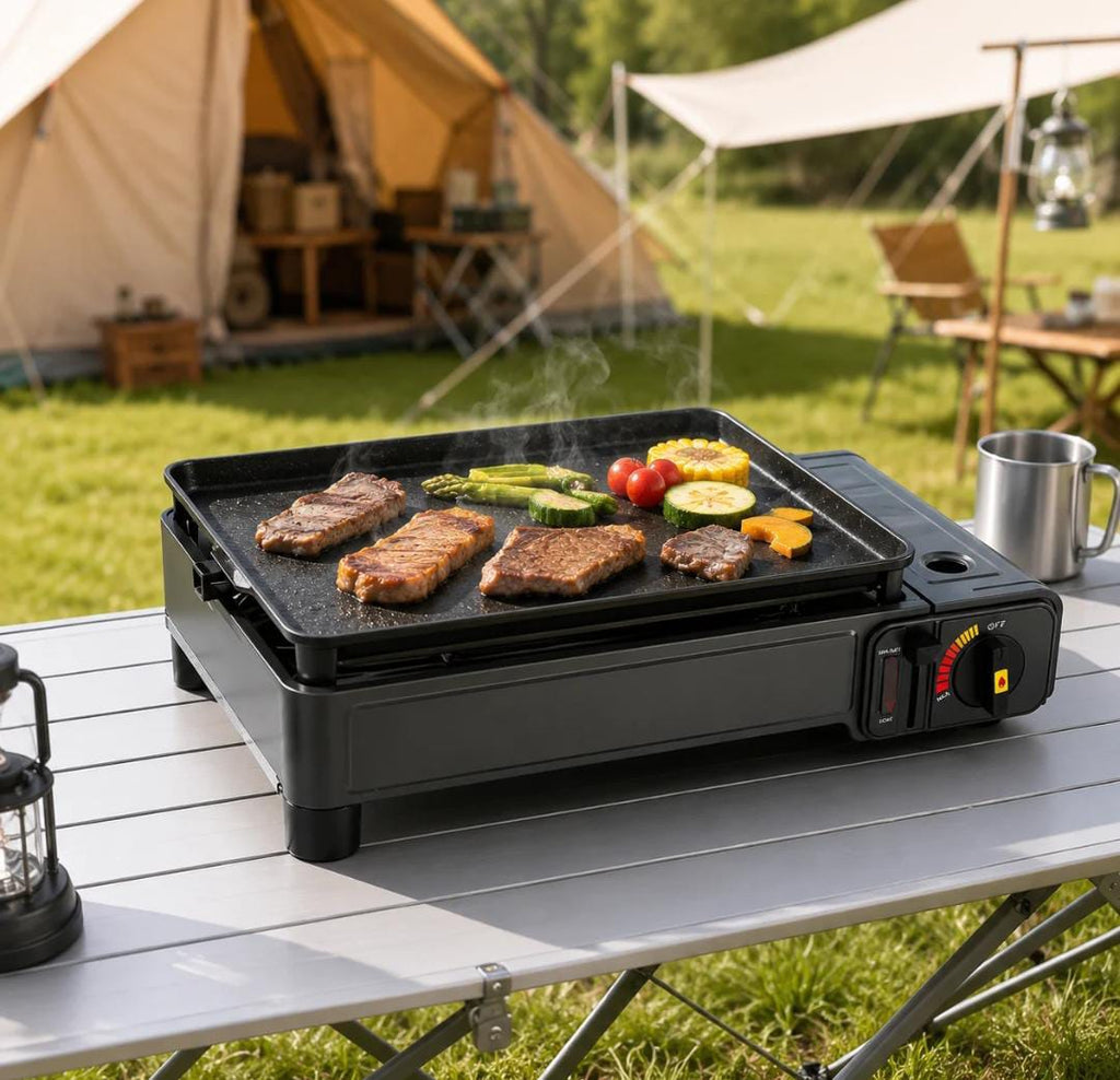 Windproof Camping Gas Cassette Stove – BBQ Tray & Glass Lid, 3–5 Person