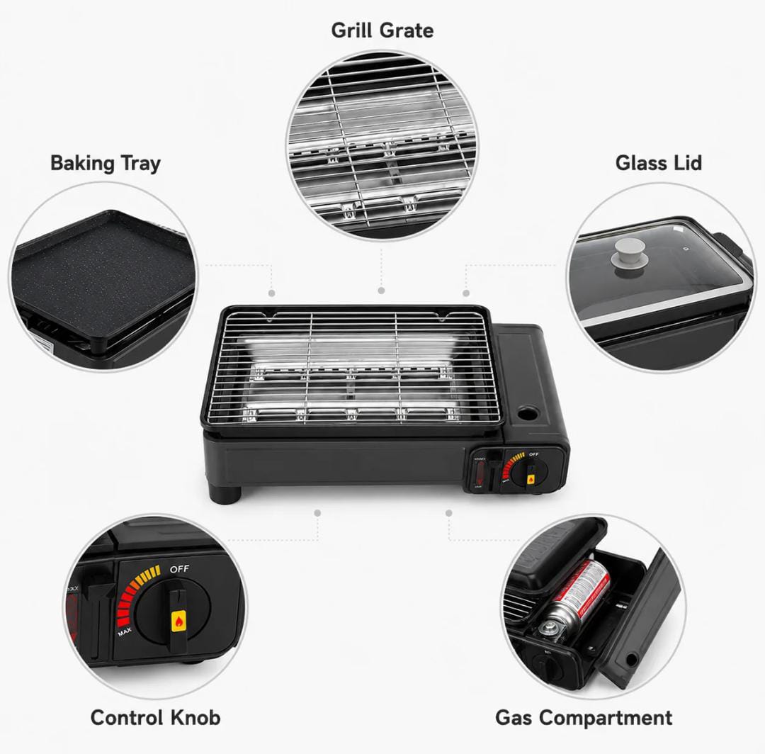 Windproof Camping Gas Cassette Stove – BBQ Tray & Glass Lid, 3–5 Person