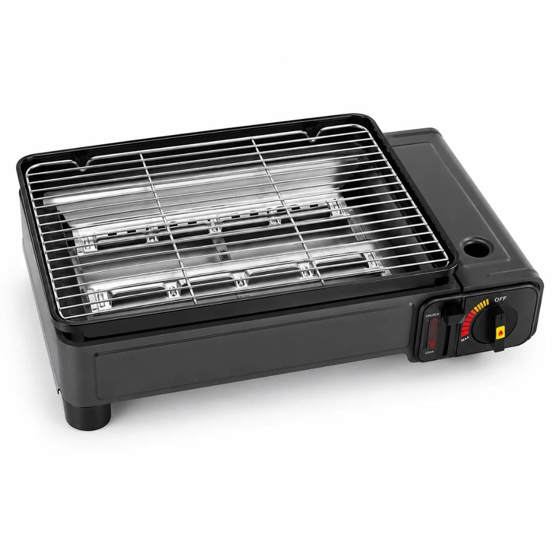Windproof Camping Gas Cassette Stove – BBQ Tray & Glass Lid, 3–5 Person