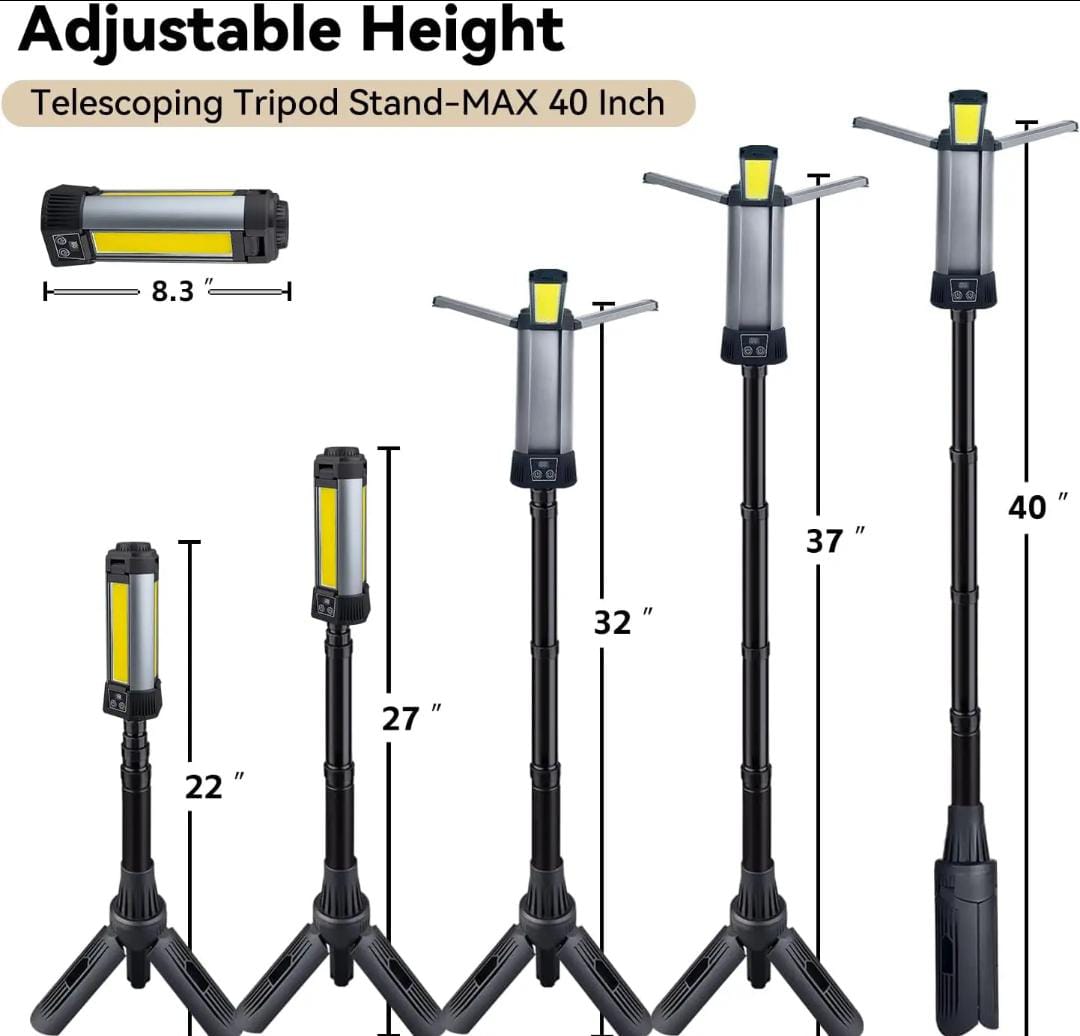 Rechargeable COB LED Work Light – 3-Head, 6000mAh, 2000 Lumens