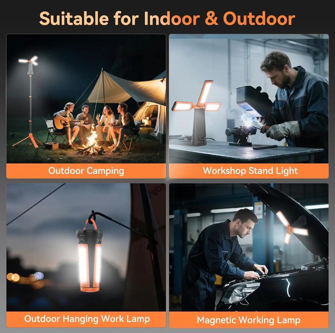 Rechargeable Camping Work Light – Cordless, Dimmable, Detachable Tripod