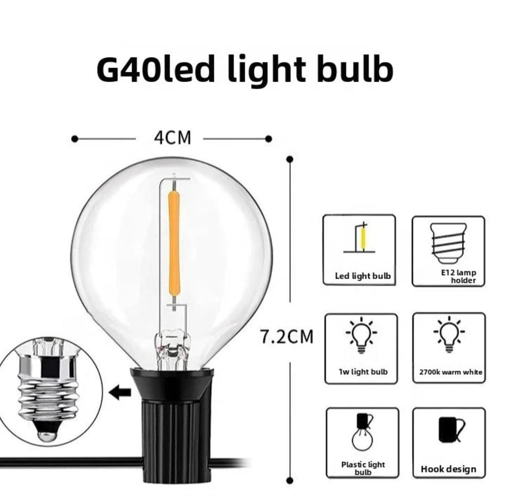 LED Solar G40 String Lights – Retro Filament, IP44, USB Rechargeable