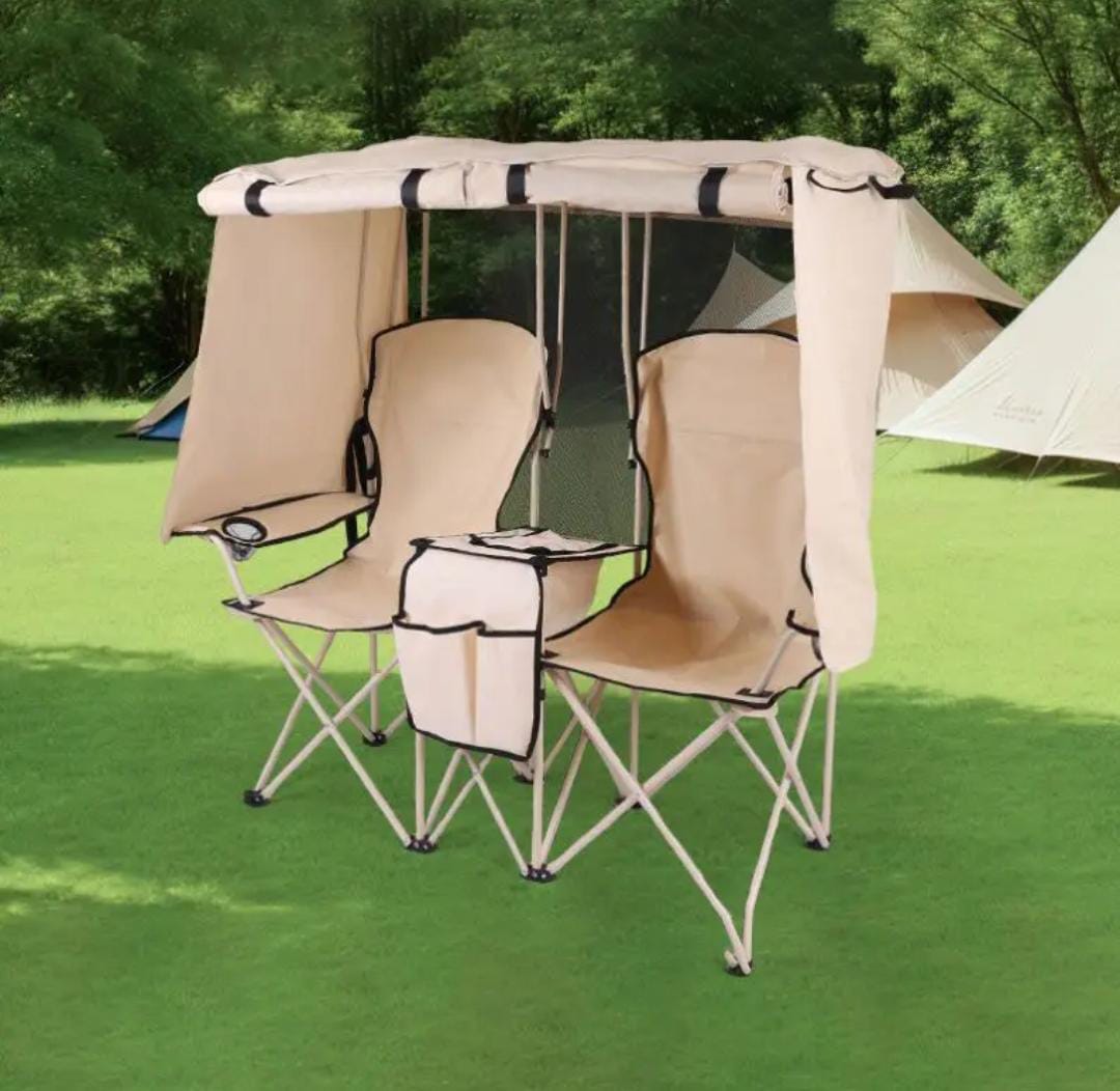 Picnic camping chair with folding double canopy for outdoor activities