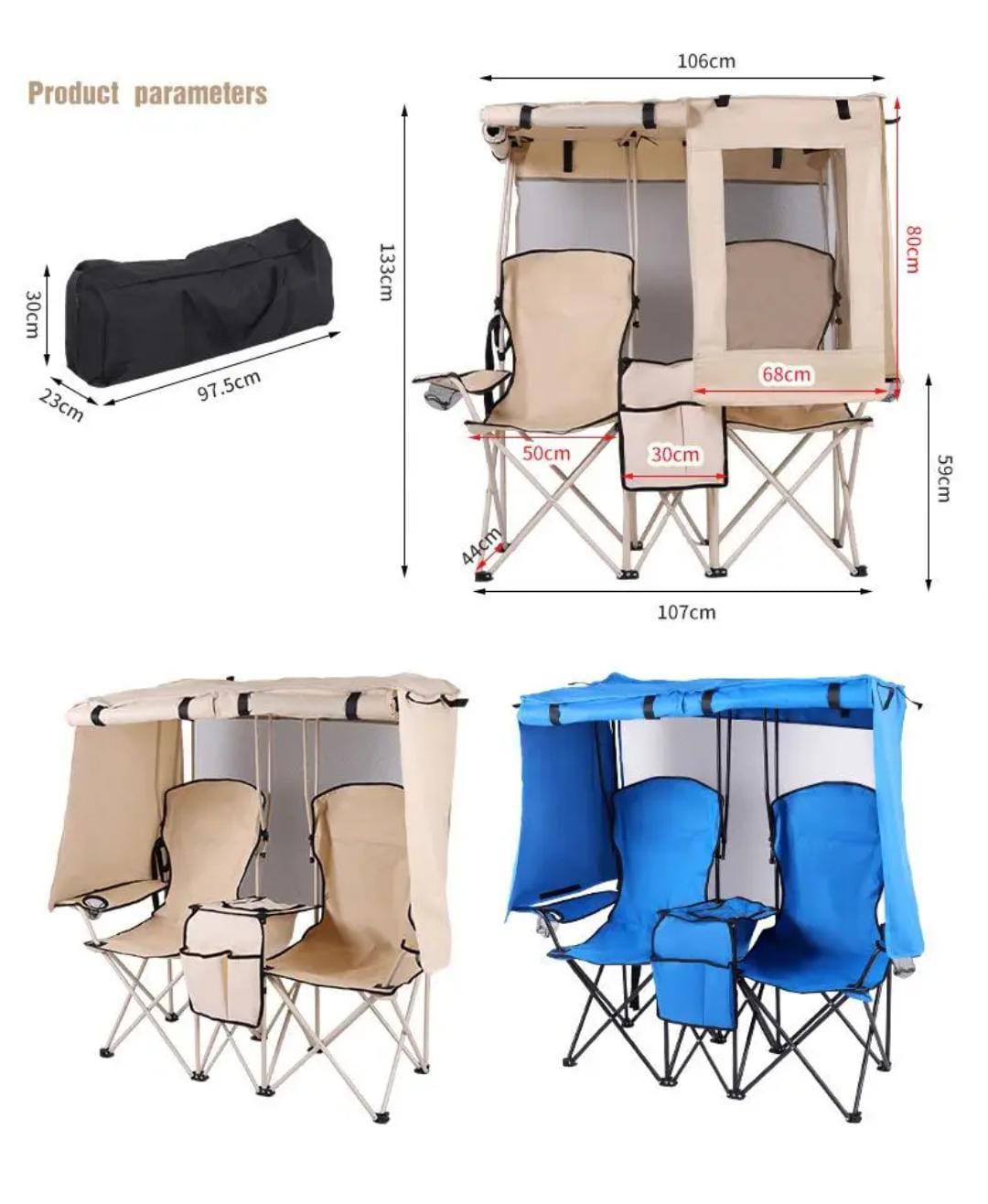Picnic camping chair with folding double canopy for outdoor activities