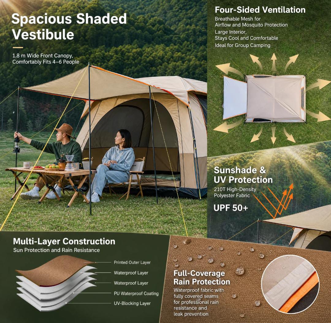 Automatic 2 room-1 hall camping tent waterproof large family outdoor pop up tent 3-12 person silver glue UV protection glamping