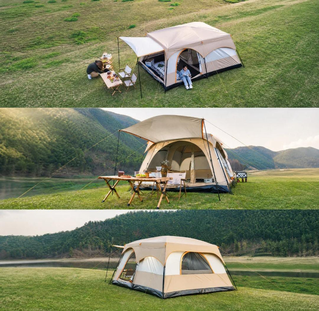 Automatic 2 room-1 hall camping tent waterproof large family outdoor pop up tent 3-12 person silver glue UV protection glamping