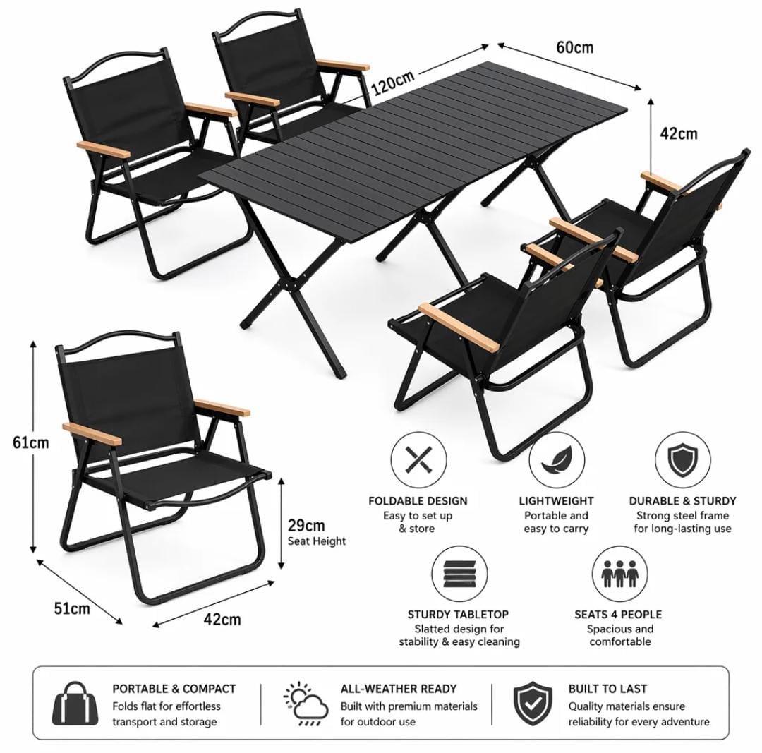 Portable folding camping table with 4 chairs set aluminum lightweight outdoor picnic BBQ  equipment foldable compact