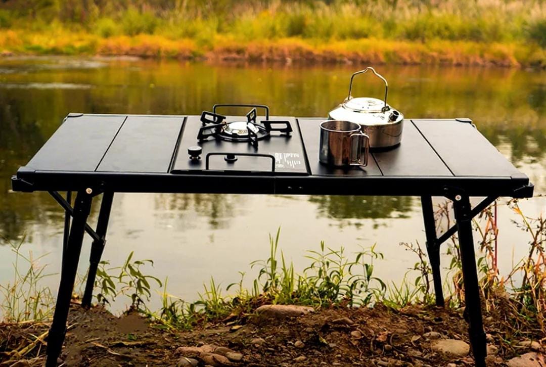 Camping folding table outdoor portable aluminum alloy wood-grain picnic table mesh basket BBQ stove with 6 7 14-piece-plate