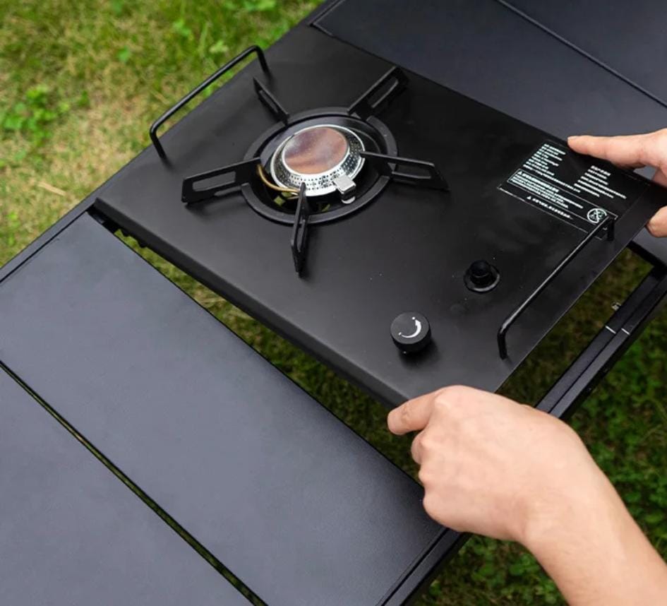 Camping folding table outdoor portable aluminum alloy wood-grain picnic table mesh basket BBQ stove with 6 7 14-piece-plate
