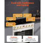 An electric range stove with a black glass cooktop and stainless steel oven door, shown in a kitchen setting with orange text callouts detailing power ratings and controls.