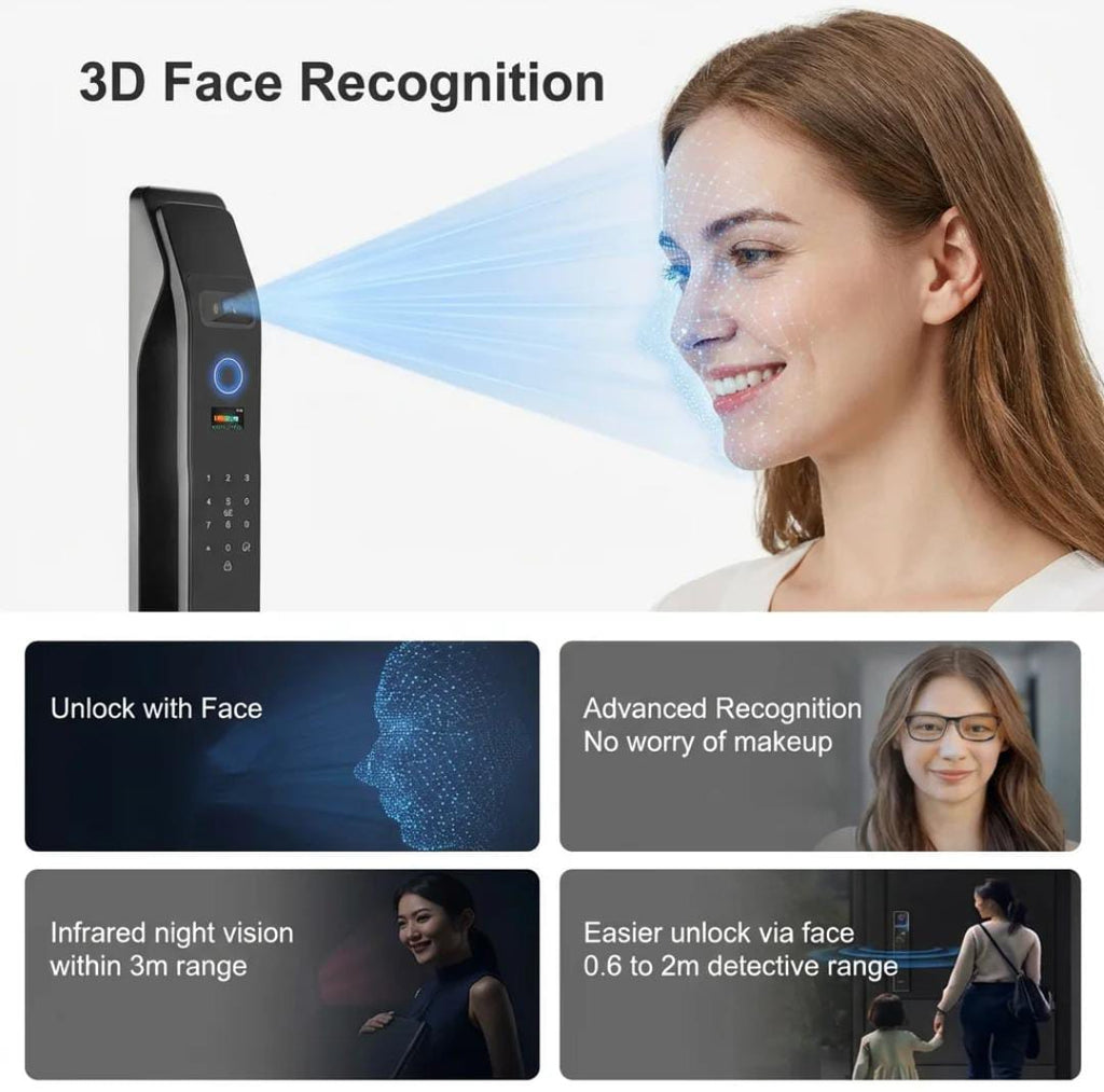 3D Facial Recognition Smart Lock Fully Automatic WiFi TUYA App Digital Password Memory Card Storage Aluminium Alloy For Home