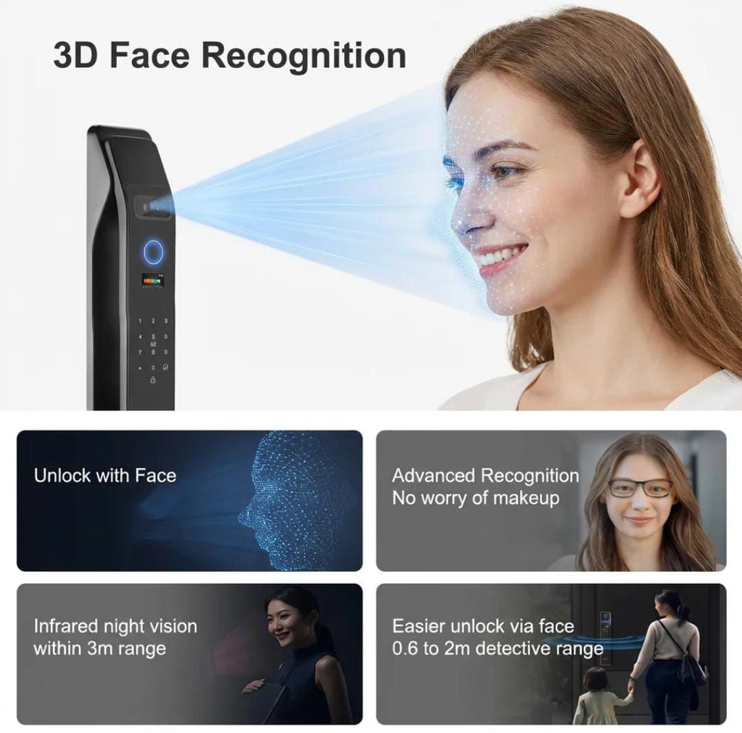 3D Facial Recognition Smart Lock Fully Automatic WiFi TUYA App Digital Password Memory Card Storage Aluminium Alloy For Home