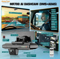 AlwayCare MR700 AI Dashcam (DMS+ADAS) product infographic showing the dashcam unit, connected rear camera, SD card, software screens, and feature callouts including IDMS, DMS, FCW, LWD, and loop recording.