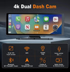 10.26" Portable Wireless Carplay With Wi-Fi BT 4K Dashcam