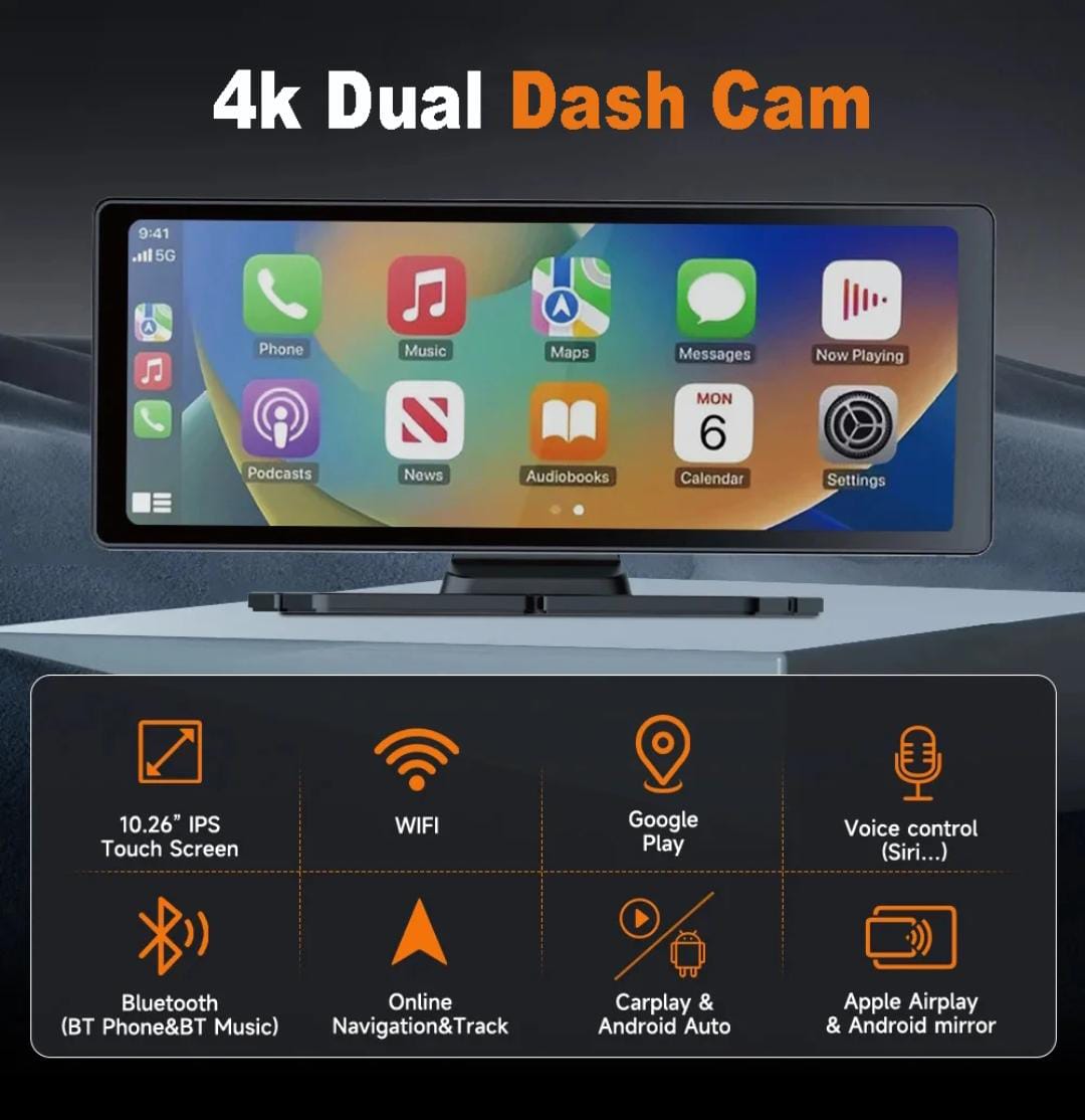 10.26" Portable Wireless Carplay With Wi-Fi BT 4K Dashcam