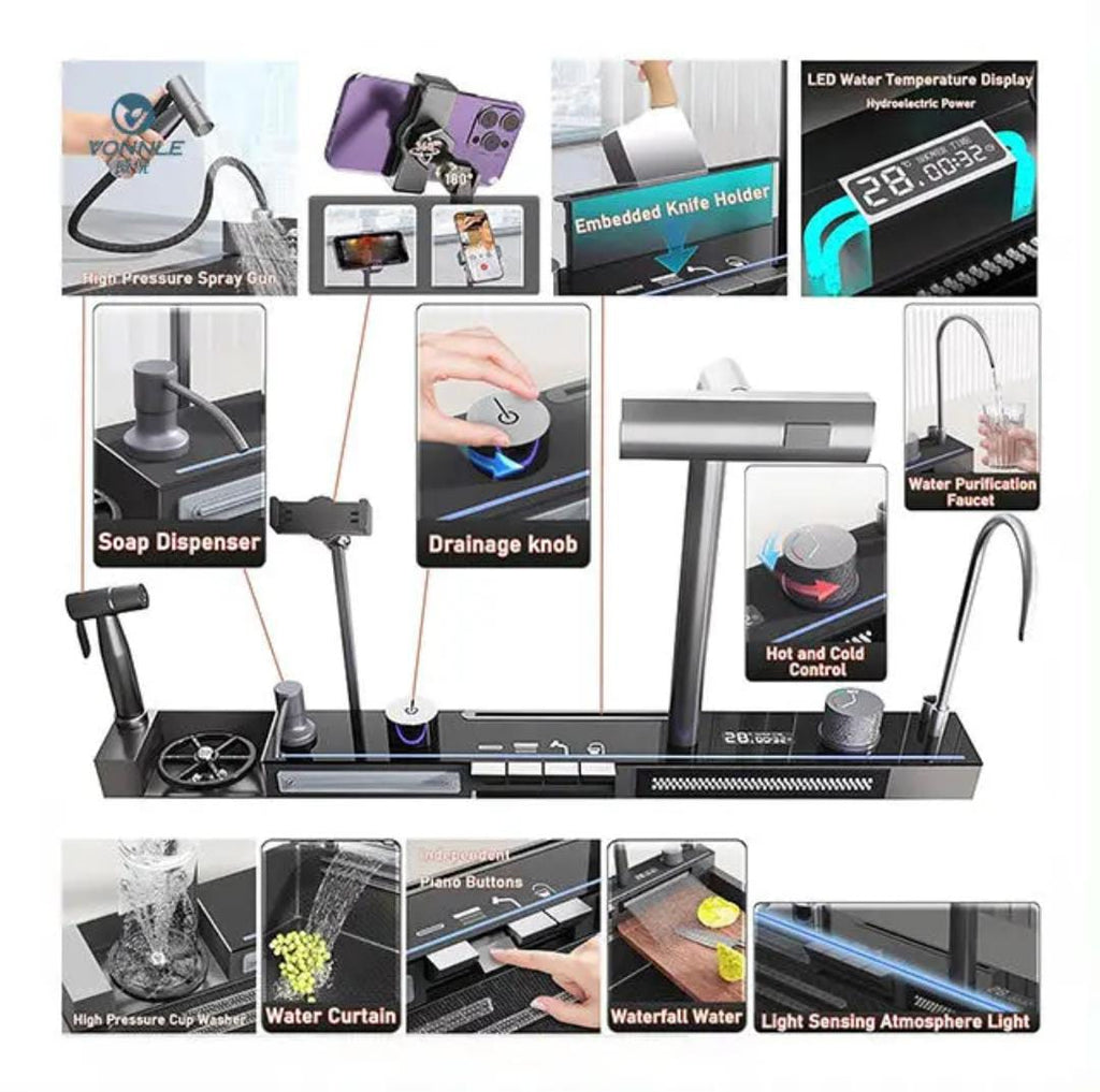 Smart Waterfall Kitchen Sink with Phone Holder & Spray Gun