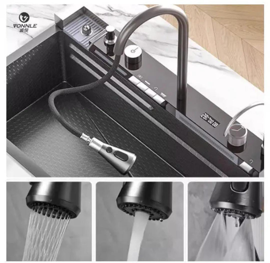 Smart Waterfall Kitchen Sink with Phone Holder & Spray Gun