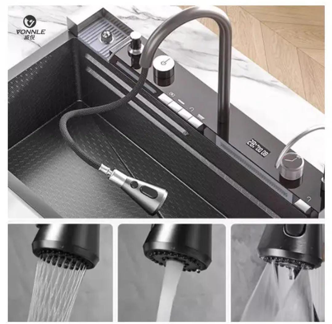 Smart Waterfall Kitchen Sink with Phone Holder & Spray Gun