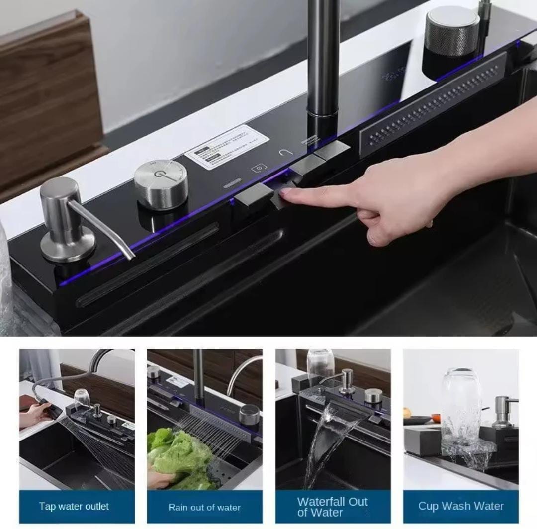 2026 Edition Smart LED Digital Display Kitchen Sink Multifunctional Modern Waterfall