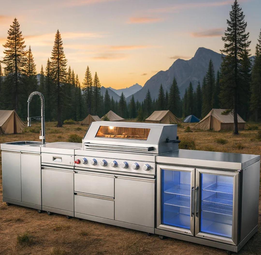 BBQ Kitchen Outdoor With Pizza Oven, Sink & Fridge For Garden/Camping