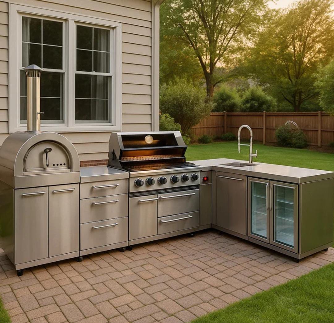 BBQ Kitchen Outdoor With Pizza Oven, Sink & Fridge For Garden/Camping