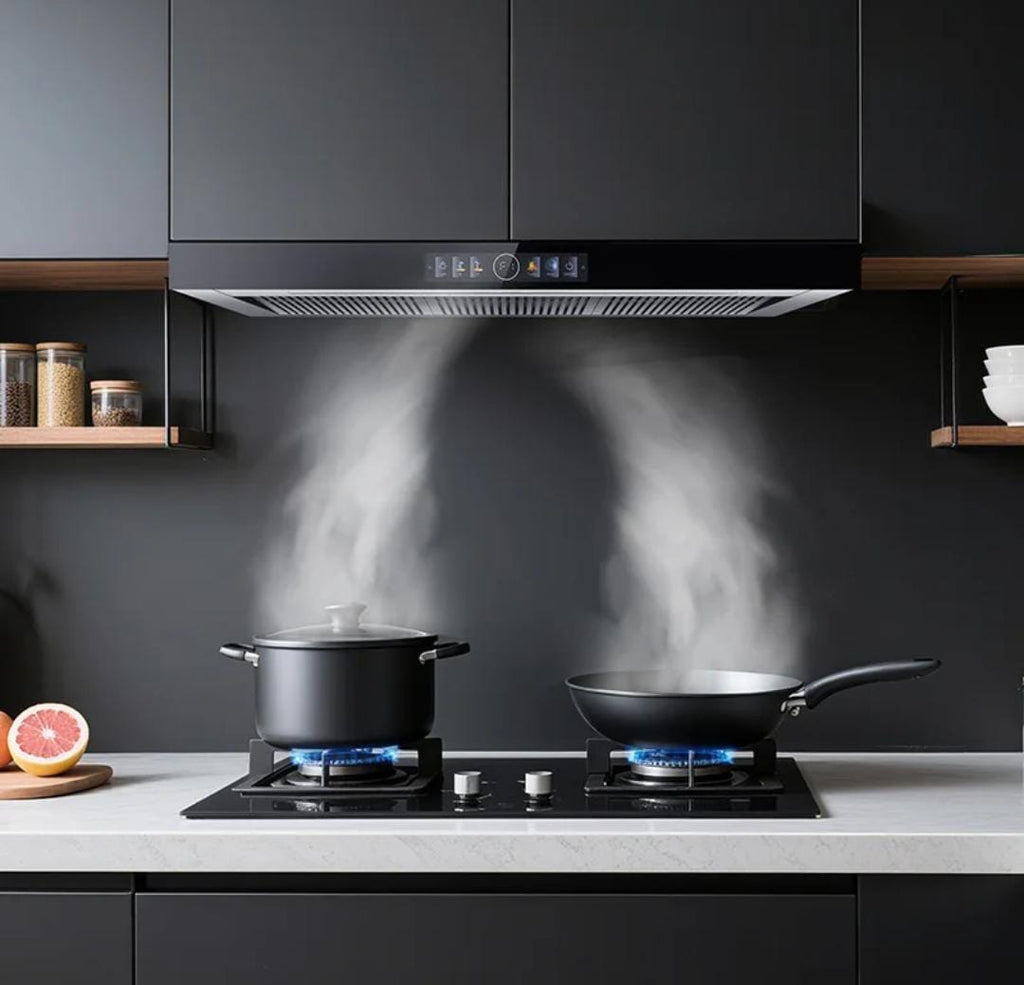 A modern black range hood installed under dark charcoal kitchen cabinets, shown with two lit gas stovetops and steaming pots and a pan in a real kitchen setting.