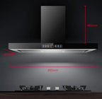 Black under-cabinet range hood with dimension annotations showing 460mm height, 420mm depth, and 895mm width, displayed above a stovetop cooktop on a dark kitchen background.