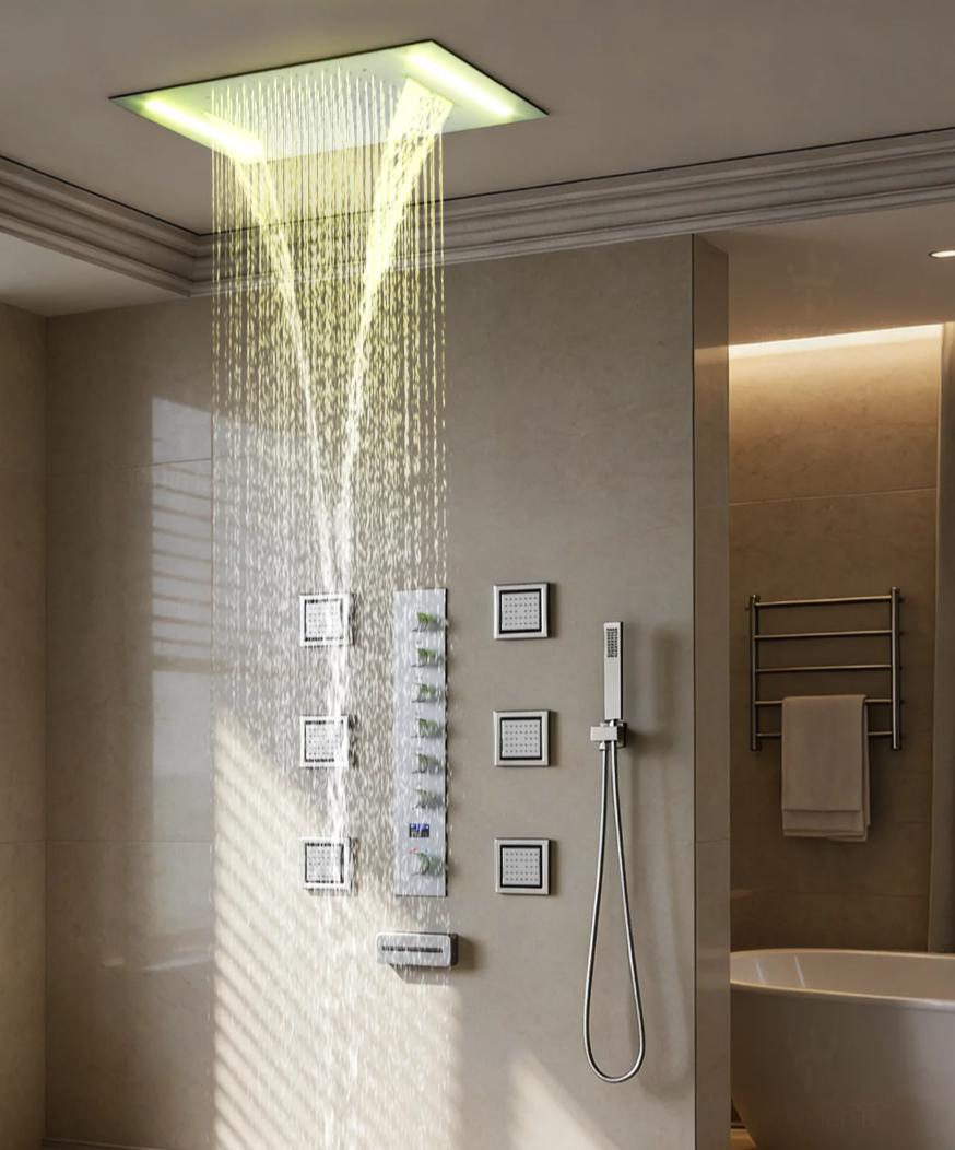 Concealed Shower Set Square LED Rainfall Head With Remote Control For Bathroom
