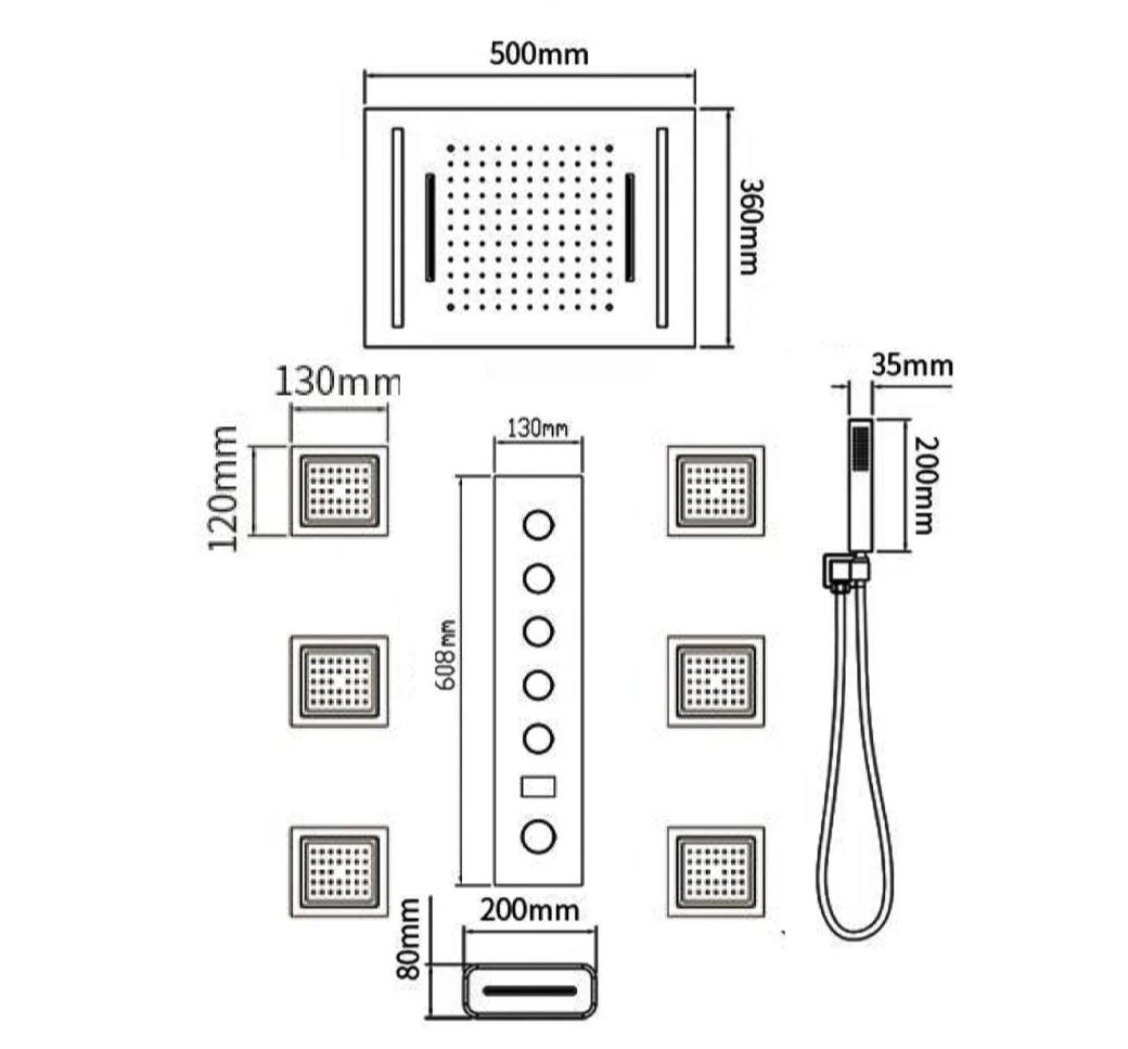 Concealed Shower Set Square LED Rainfall Head With Remote Control For Bathroom
