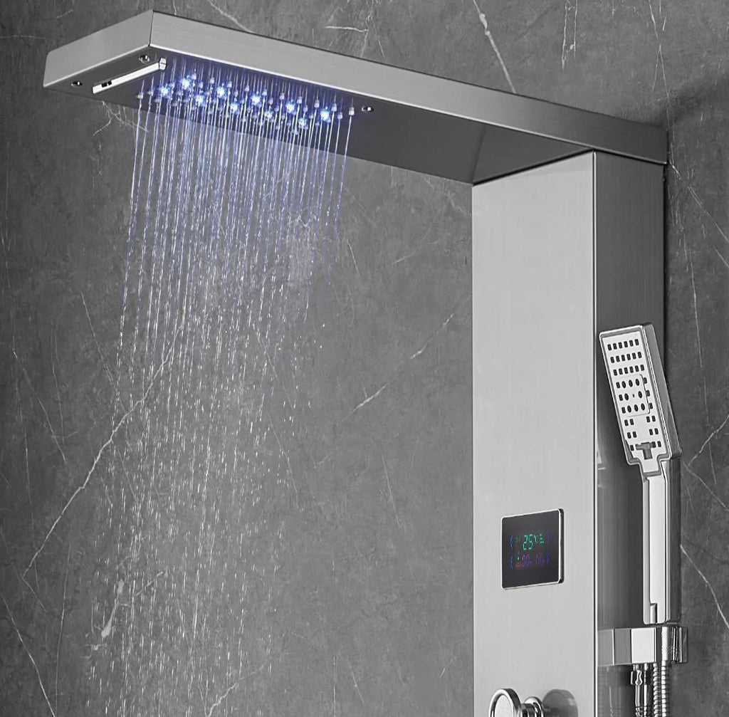 6-Mode LED Screen Shower Panel System With Hydroelectricity Tower Rainfall & Waterfall 8 Massage Jets Bath & Shower Faucets