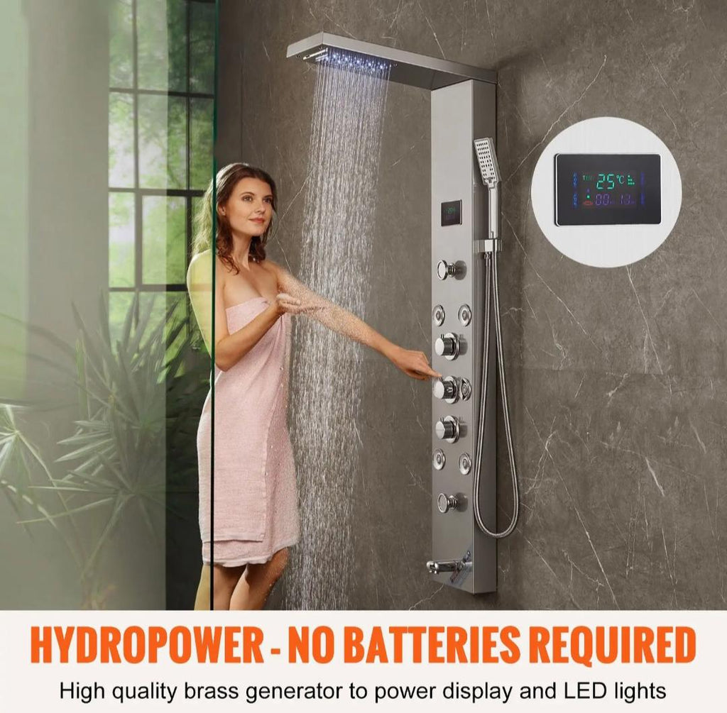 6-Mode LED Screen Shower Panel System With Hydroelectricity Tower Rainfall & Waterfall 8 Massage Jets Bath & Shower Faucets
