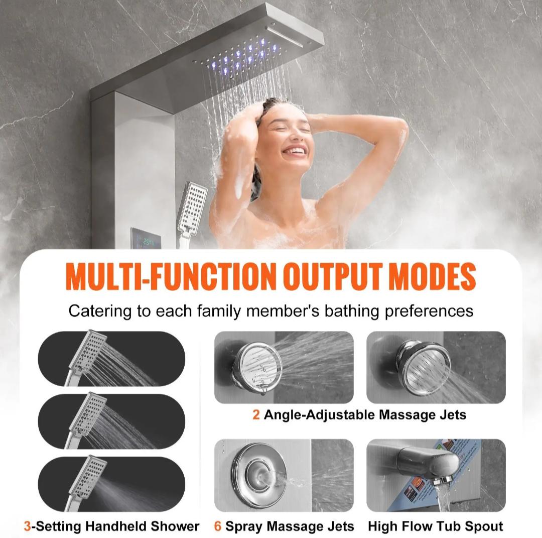 6-Mode LED Screen Shower Panel System With Hydroelectricity Tower Rainfall & Waterfall 8 Massage Jets Bath & Shower Faucets