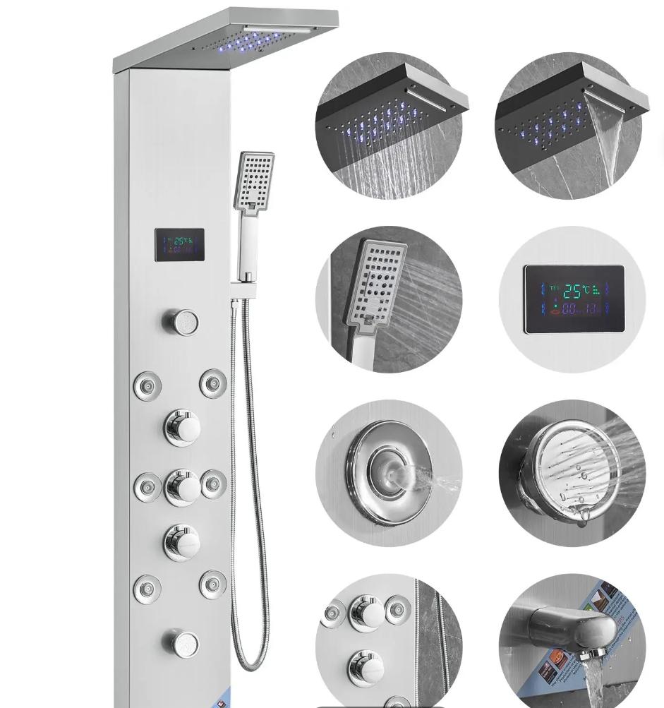 6-Mode LED Screen Shower Panel System With Hydroelectricity Tower Rainfall & Waterfall 8 Massage Jets Bath & Shower Faucets
