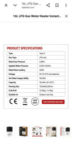 16L LPG Gas Water Heater Instant Geyser