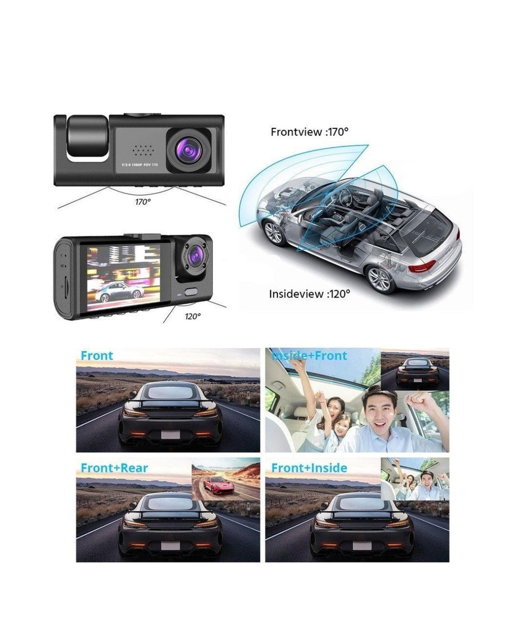 3-Channel Dash Cam With 2'' IPS Screen