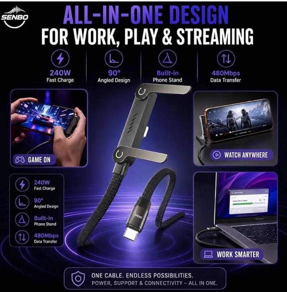2-in-1 Fast Charging Cable With Foldable Phone Stand (Type-C, 240W)