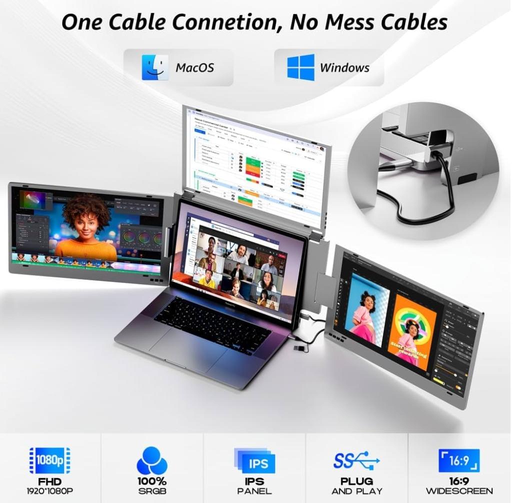 14'' Triple Screen Extender,FHD IPS Multi Screen Externder With USB-C /USB-A