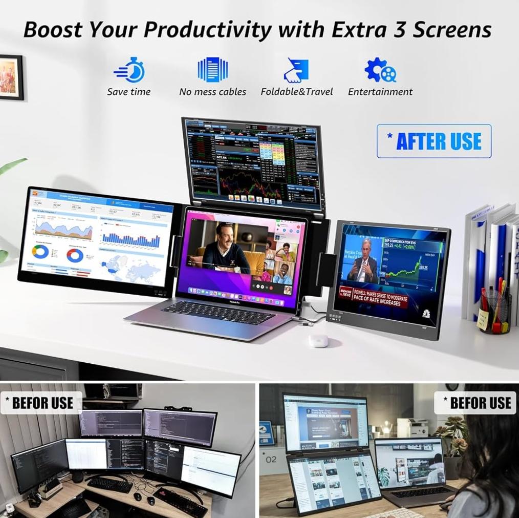 14'' Triple Screen Extender,FHD IPS Multi Screen Externder With USB-C /USB-A