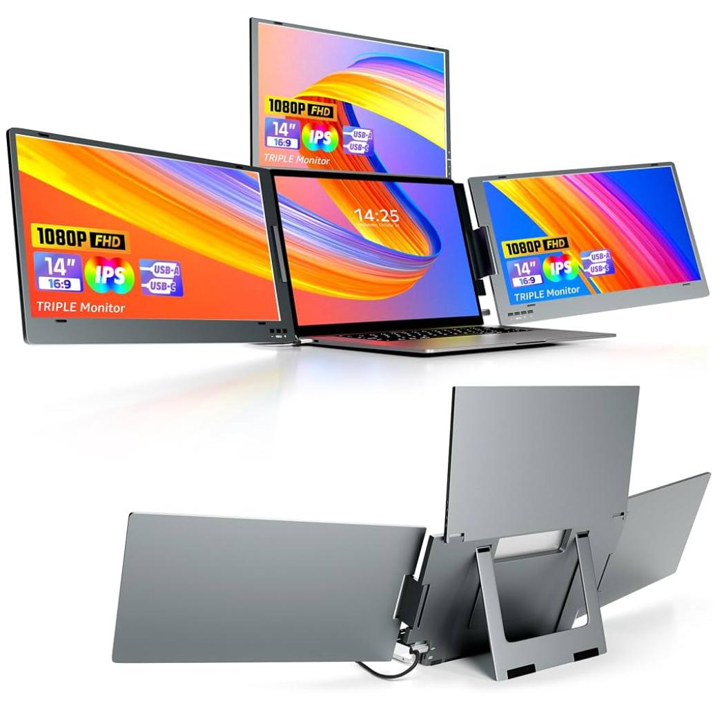 14'' Triple Screen Extender,FHD IPS Multi Screen Externder With USB-C /USB-A