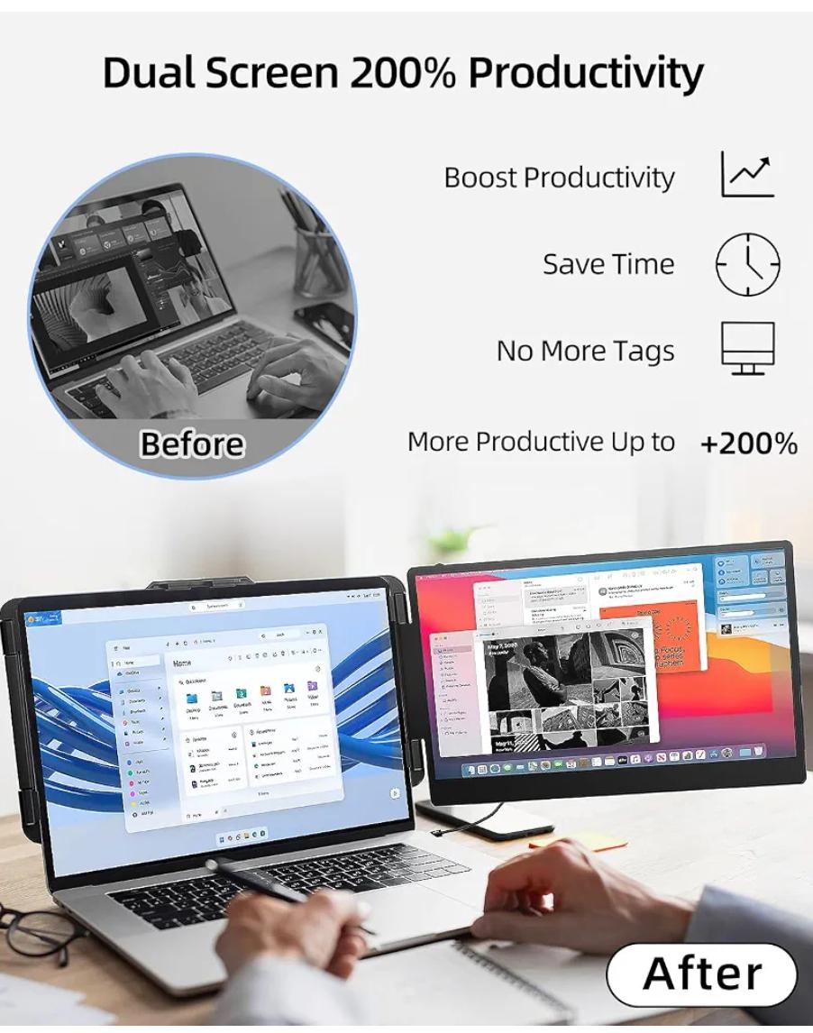 14'' FHD 1080P Portable Laptop Screen Extender (13''–17.3'', Plug & Play)