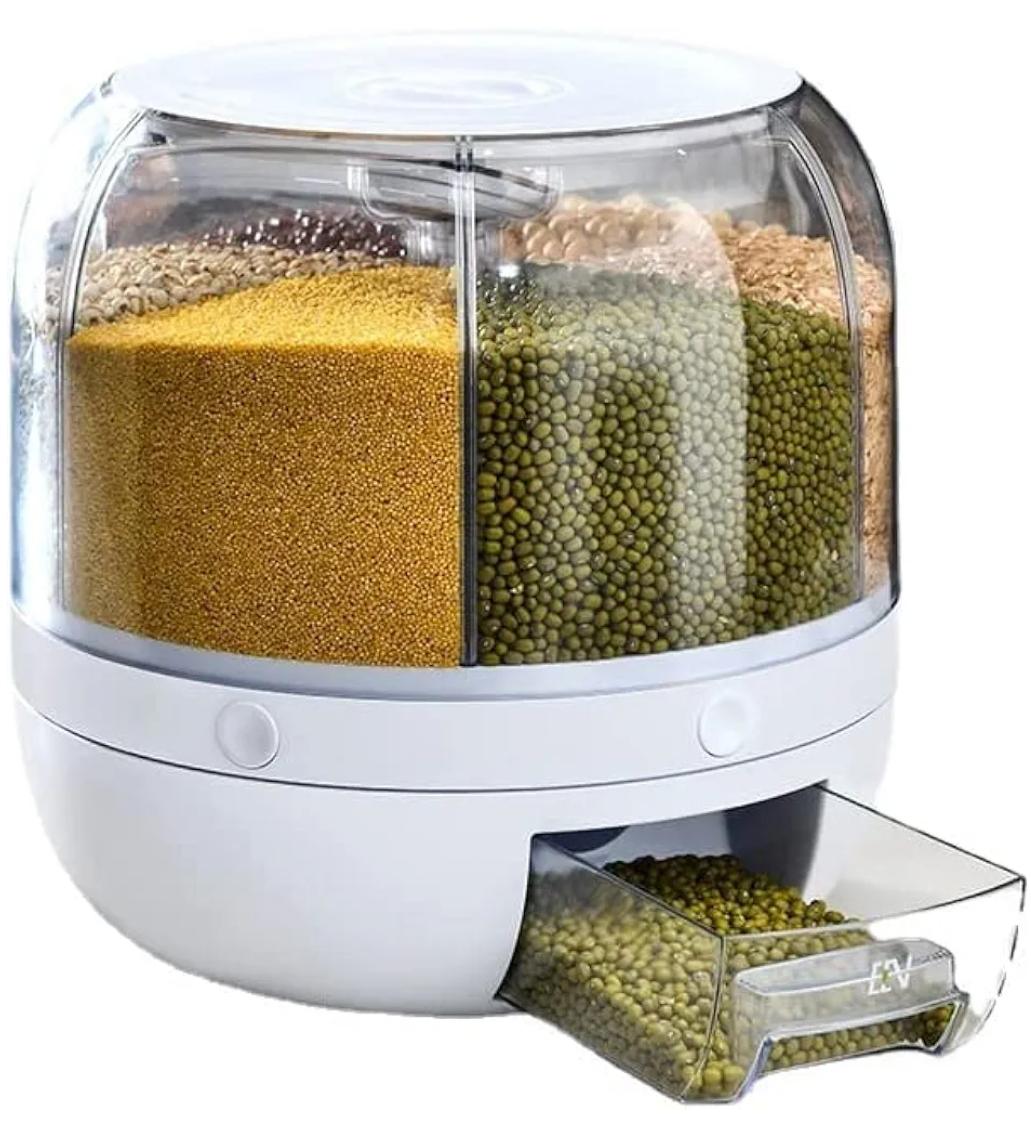 6 Grid Rotating Food Dispenser - 360degree Round Bucket Sealed Grain Container