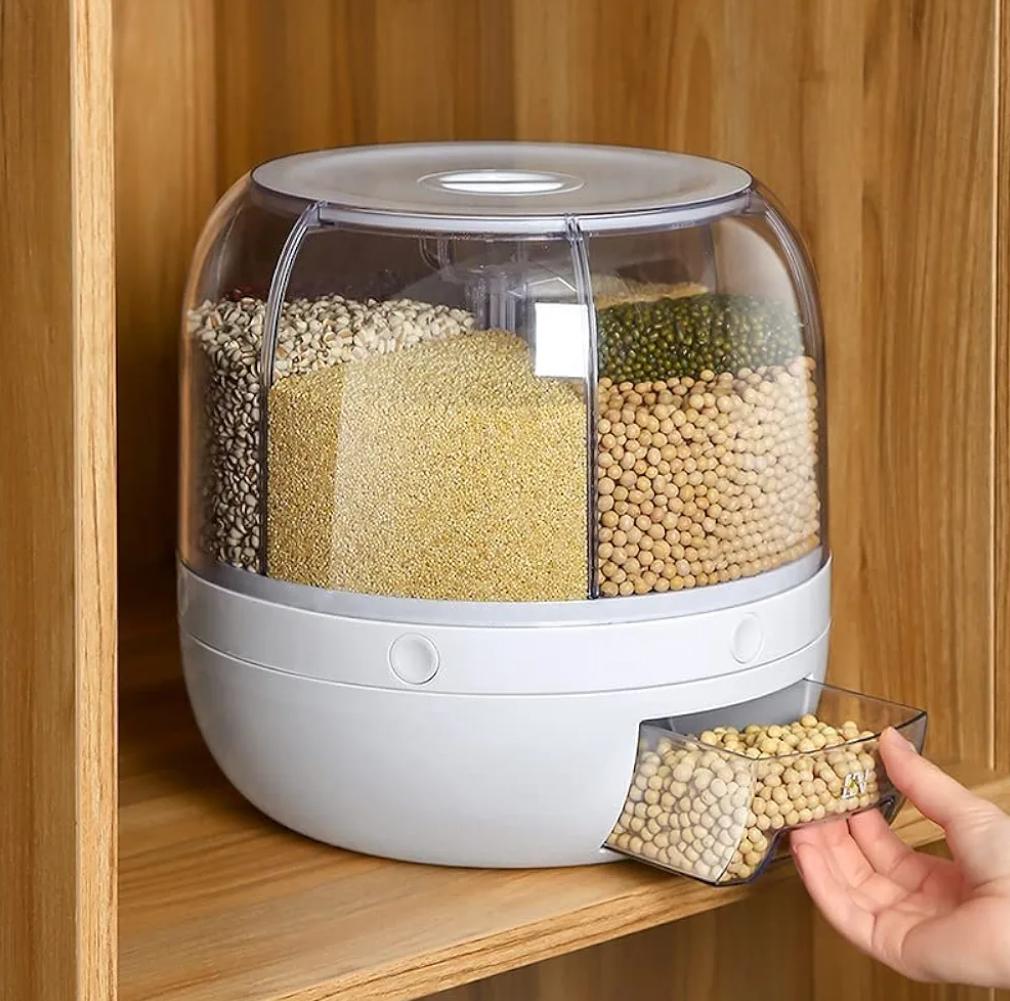 6 Grid Rotating Food Dispenser - 360degree Round Bucket Sealed Grain Container