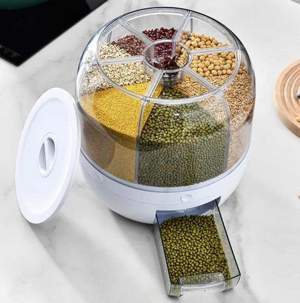 6 Grid Rotating Food Dispenser - 360degree Round Bucket Sealed Grain Container
