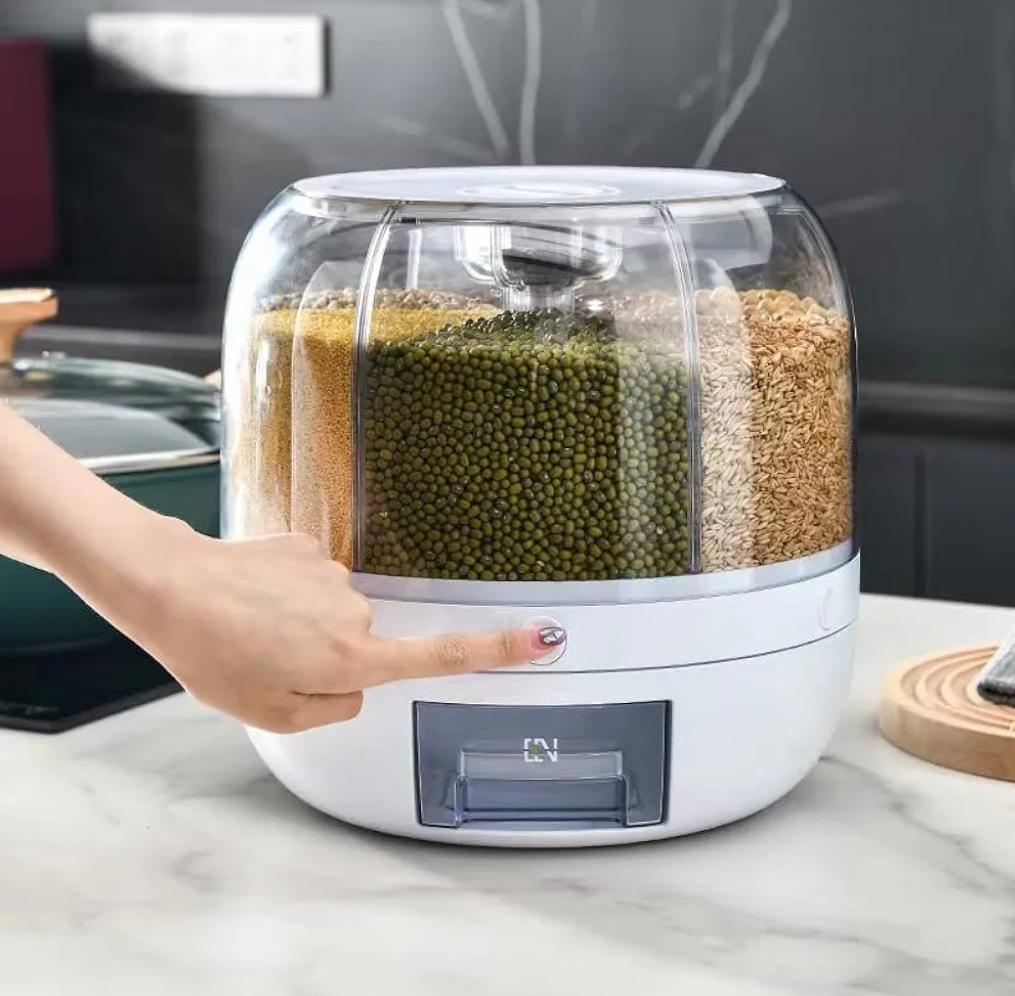 6 Grid Rotating Food Dispenser - 360degree Round Bucket Sealed Grain Container