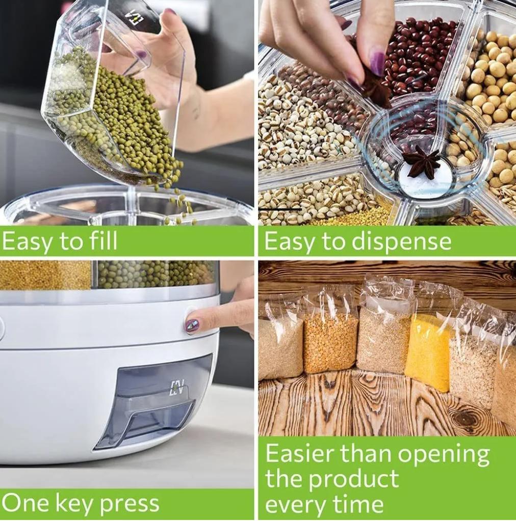 6 Grid Rotating Food Dispenser - 360degree Round Bucket Sealed Grain Container