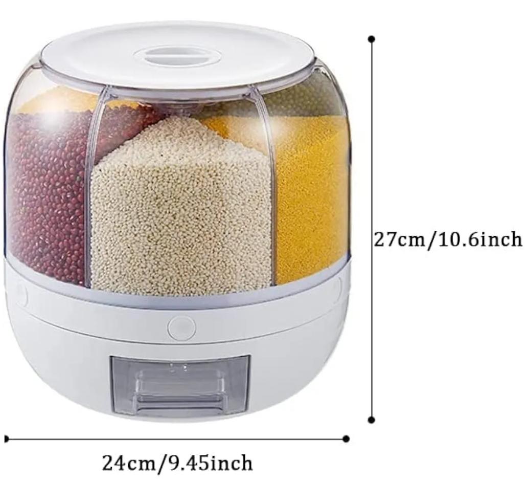 6 Grid Rotating Food Dispenser - 360degree Round Bucket Sealed Grain Container