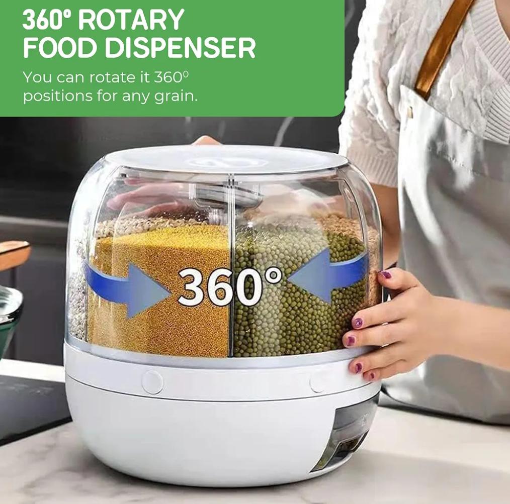 6 Grid Rotating Food Dispenser - 360degree Round Bucket Sealed Grain Container