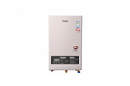 Tankless gas water heater with digital display, white background